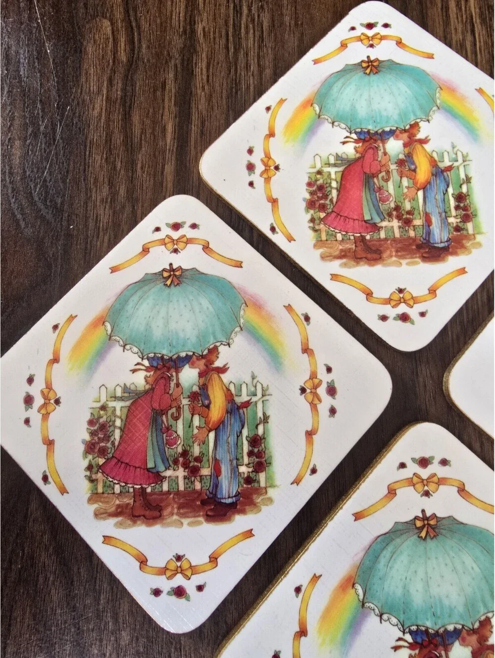 “Vintage Country Girl Boy Rainbow Cork Coaster Cottagecore Holly Hobbie Style”